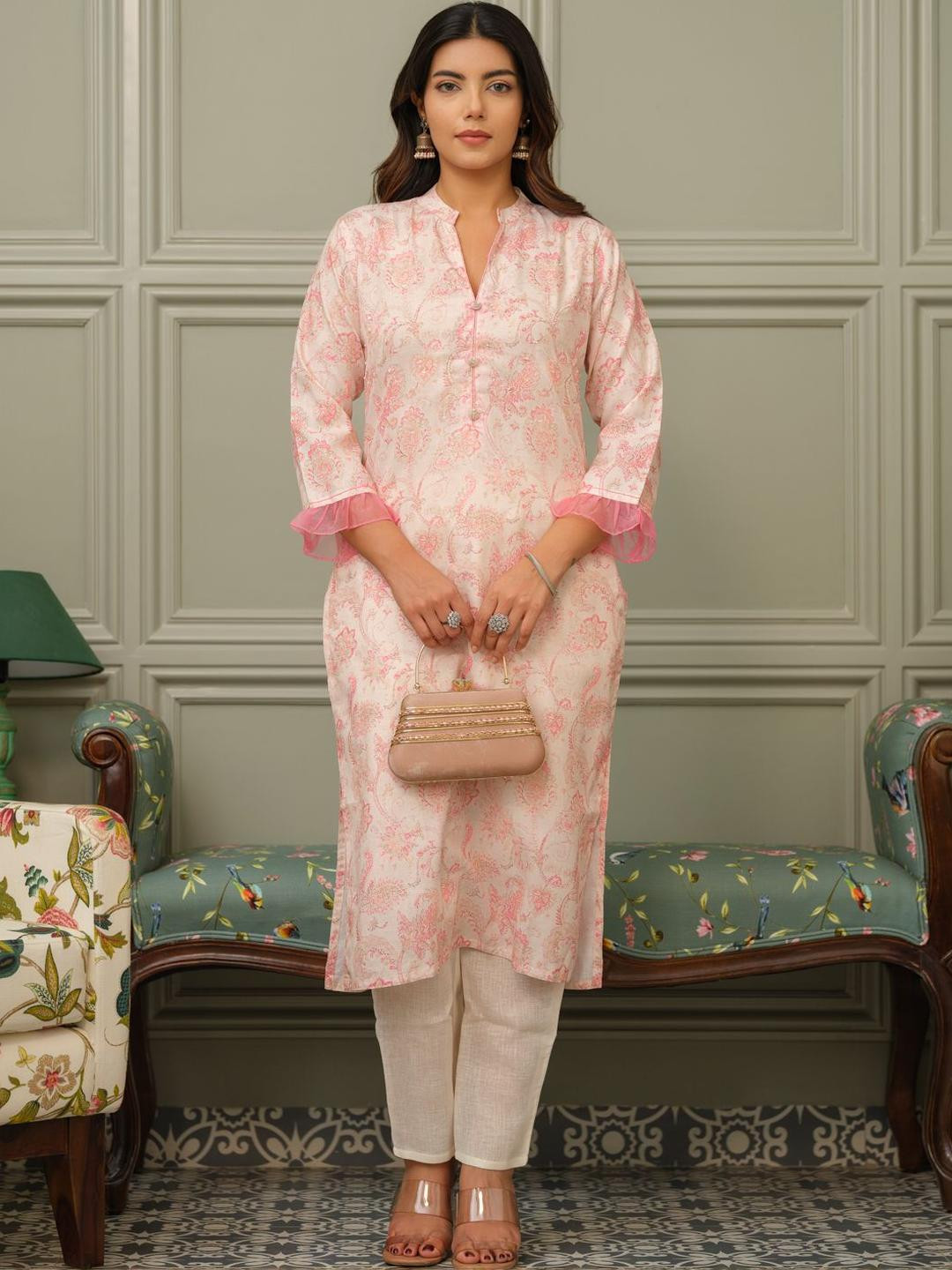 Sangria Women Floral Printed Fusion Linen Straight Kurta