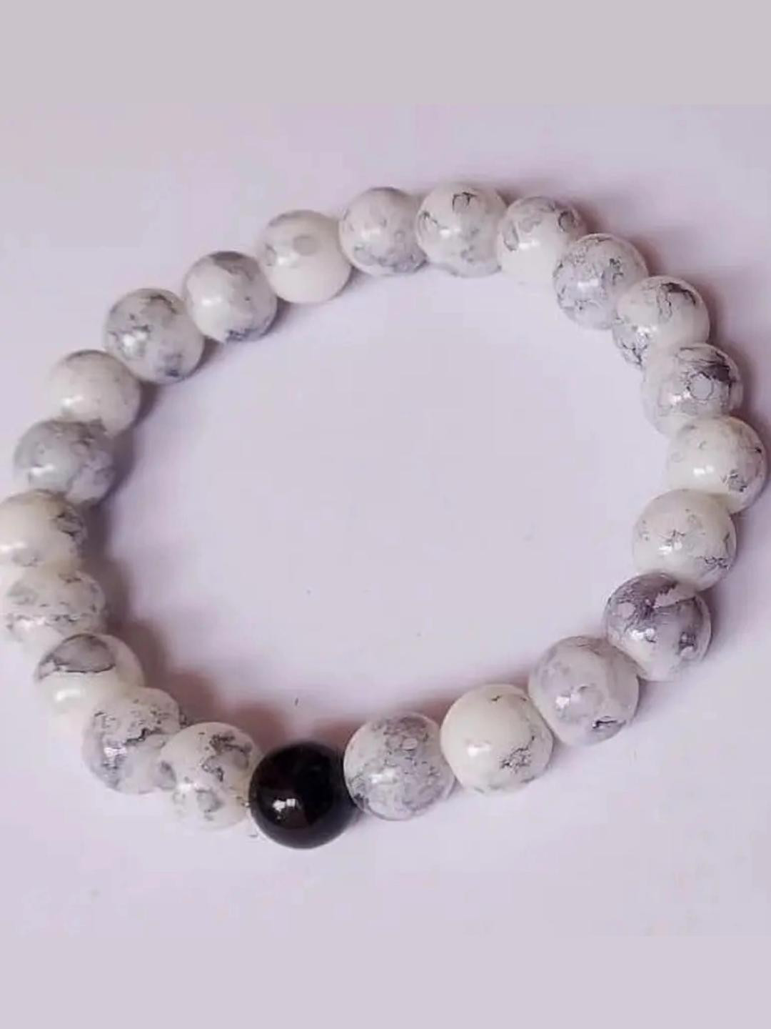 Rodya Unisex White With Black Color Ceramic Artificial Beads Elasticated Bracelet