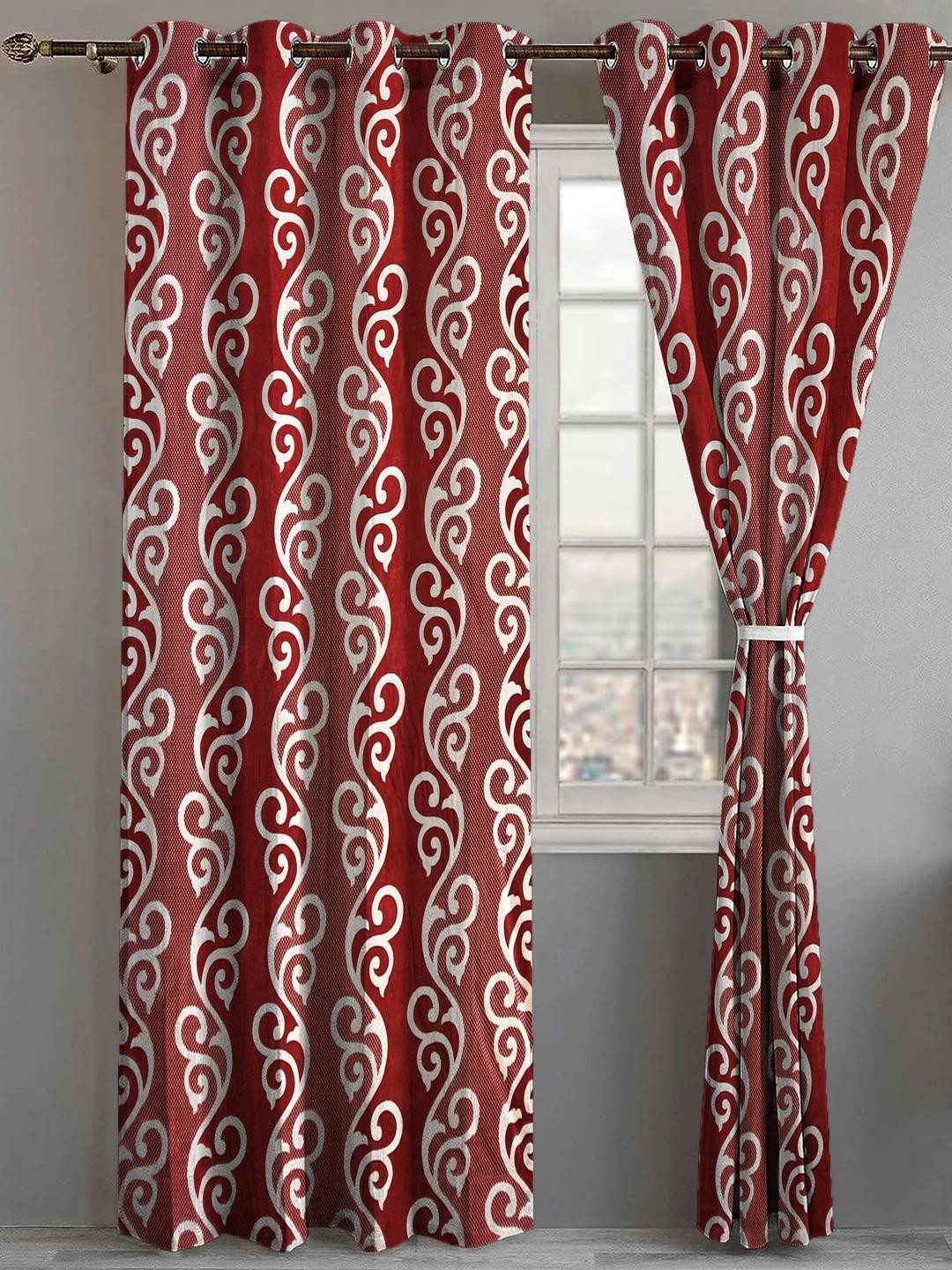 Lunar Days Set of 2 Maroon & Cream-Coloured Room Darkening Door Eyelet Ring 7 Feet Curtain