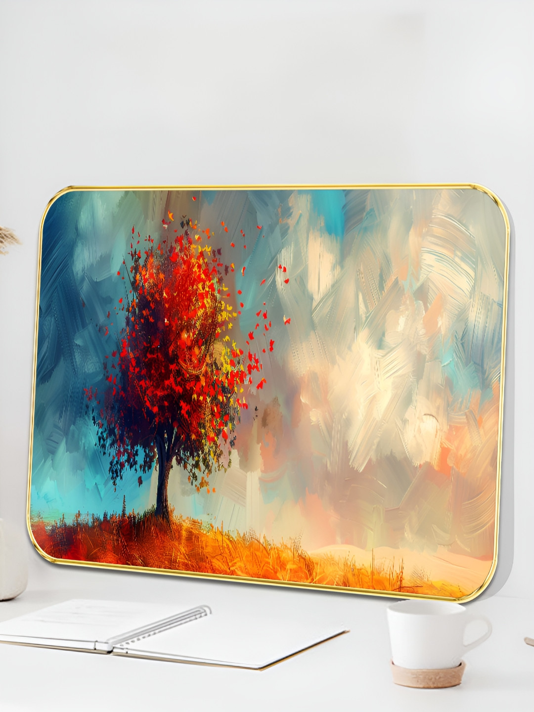 SAF Beige & Blue Framed Autumn Tree Printed Wall Art