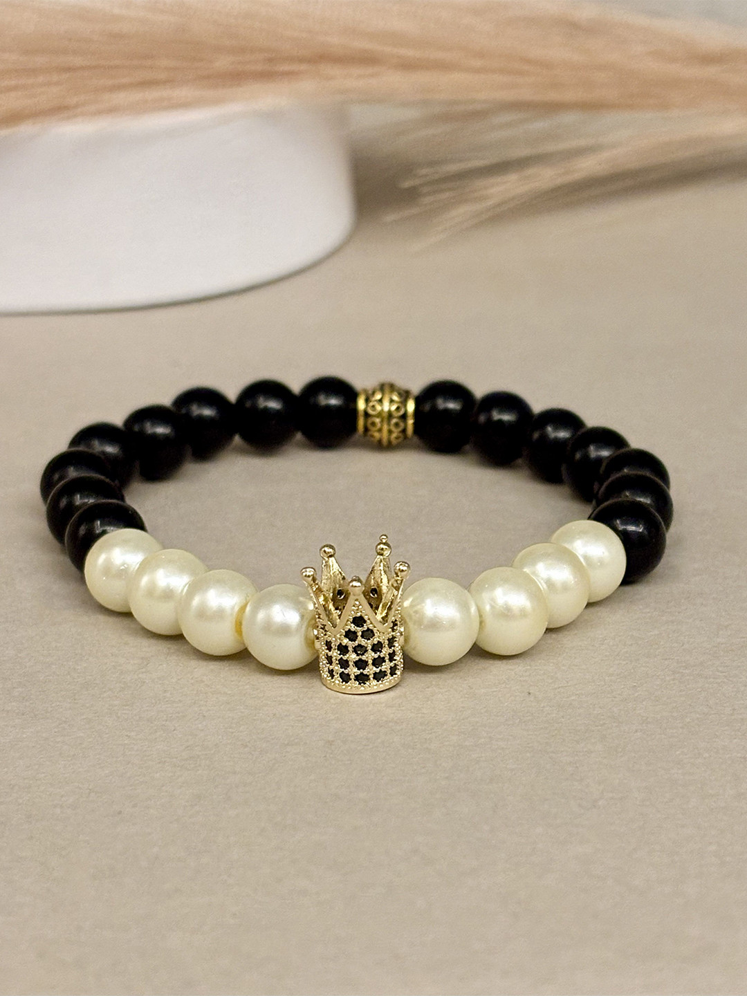 SANAA CREATIONS Unisex Midnight Crown Onyx & Crystal Stones Studded Elasticated Bracelet