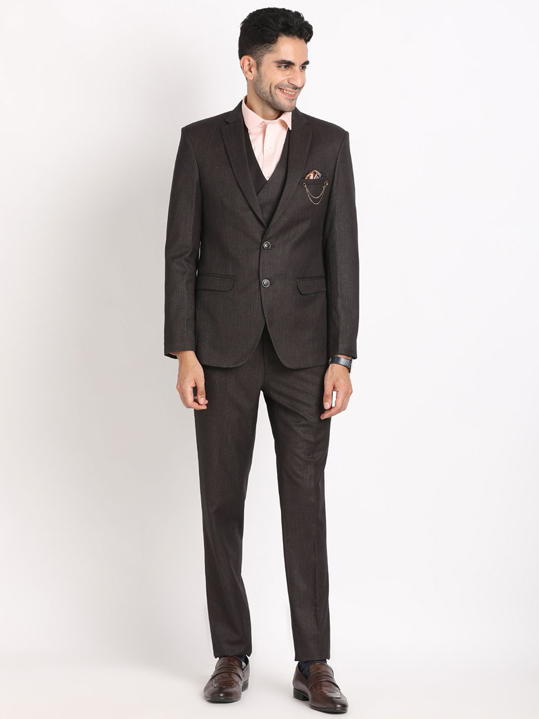 Turtle Self Design Single Breasted Notched Collar 3-Piece Suit With Brooch