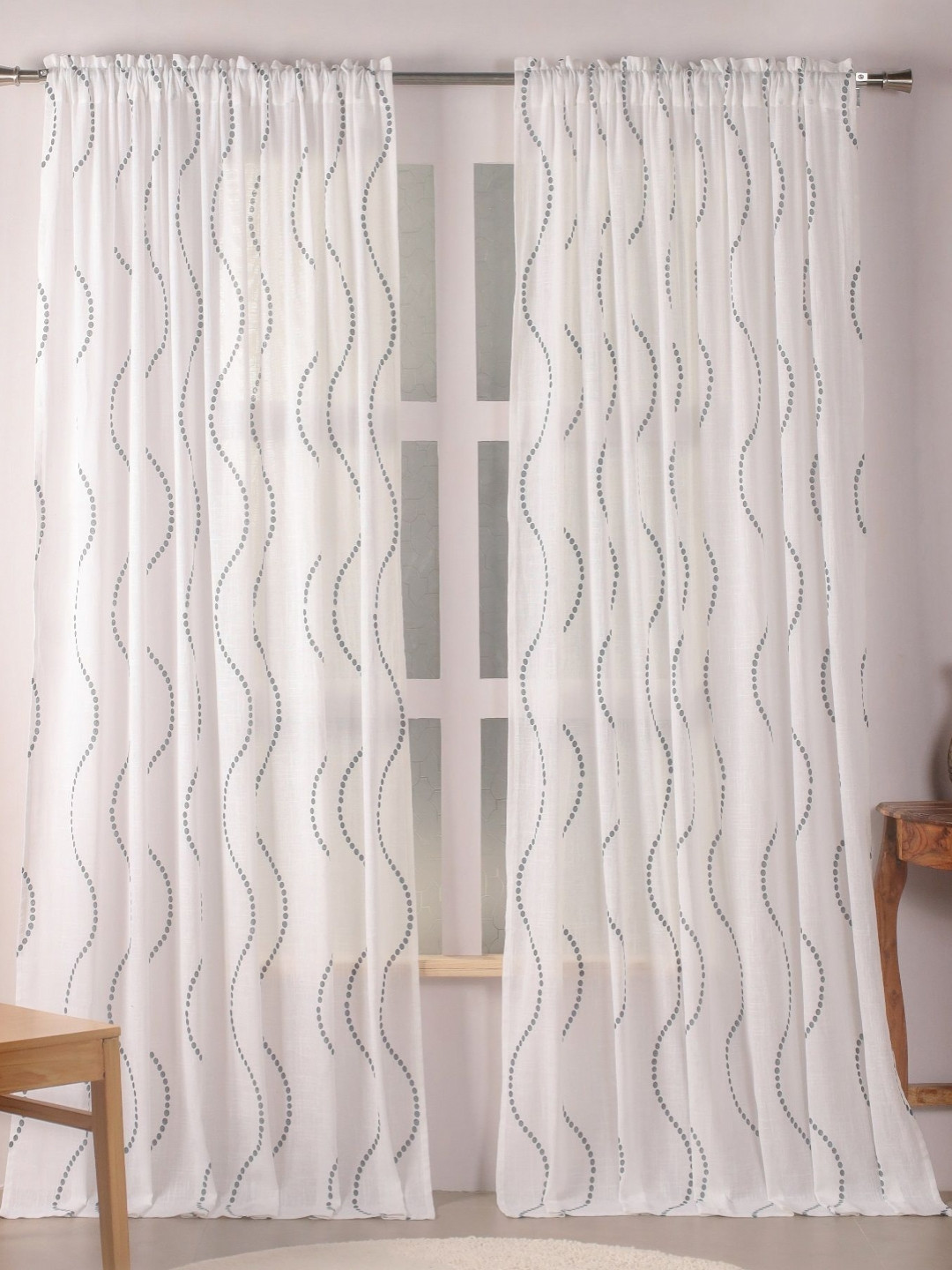 HOMEMONDE Grey & White 2 Pieces Printed Cotton Rod Pocket Sheer Window Curtains