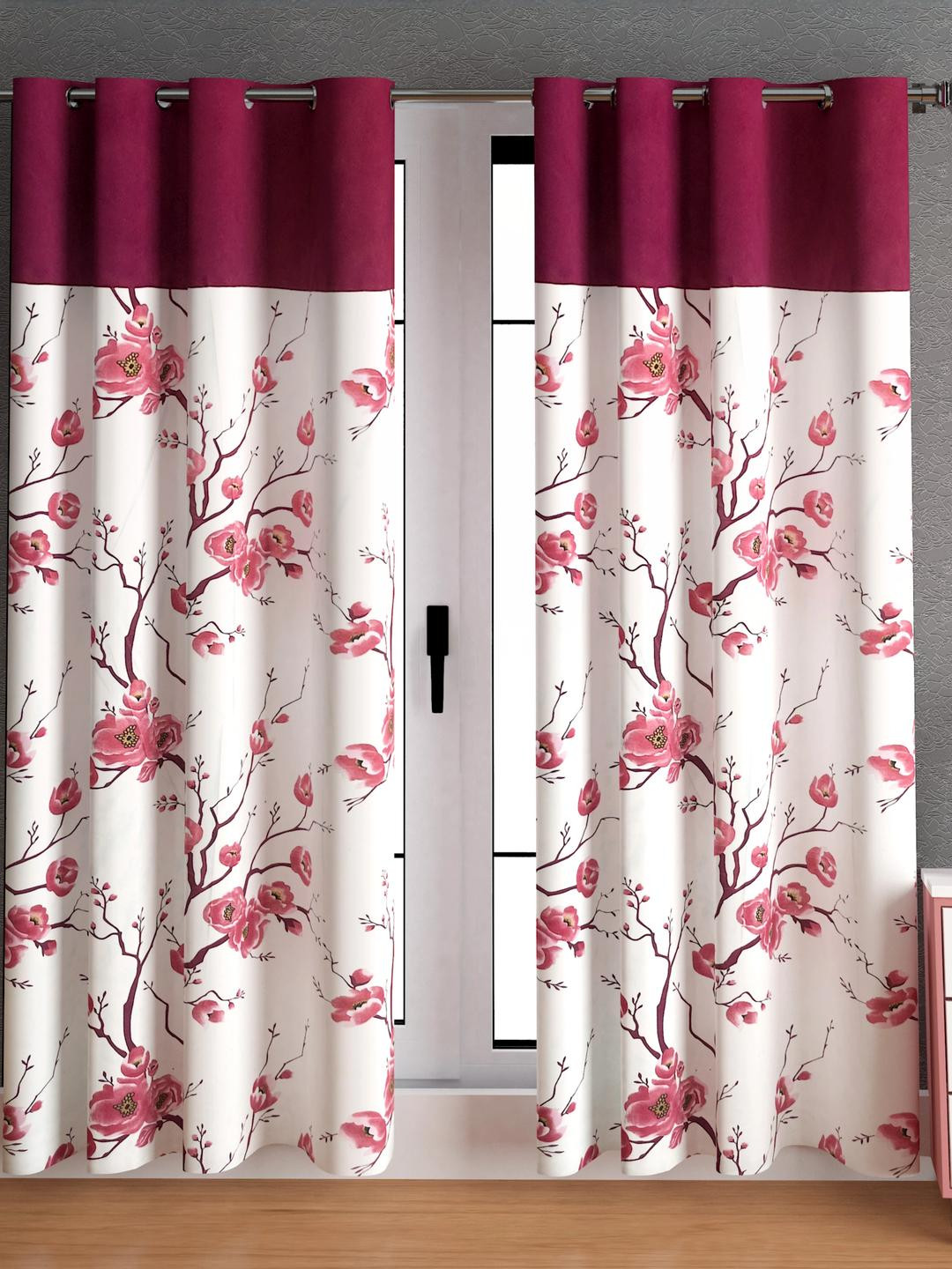 Lunar Days Maroon & White Floral 9 Feet Door Curtain