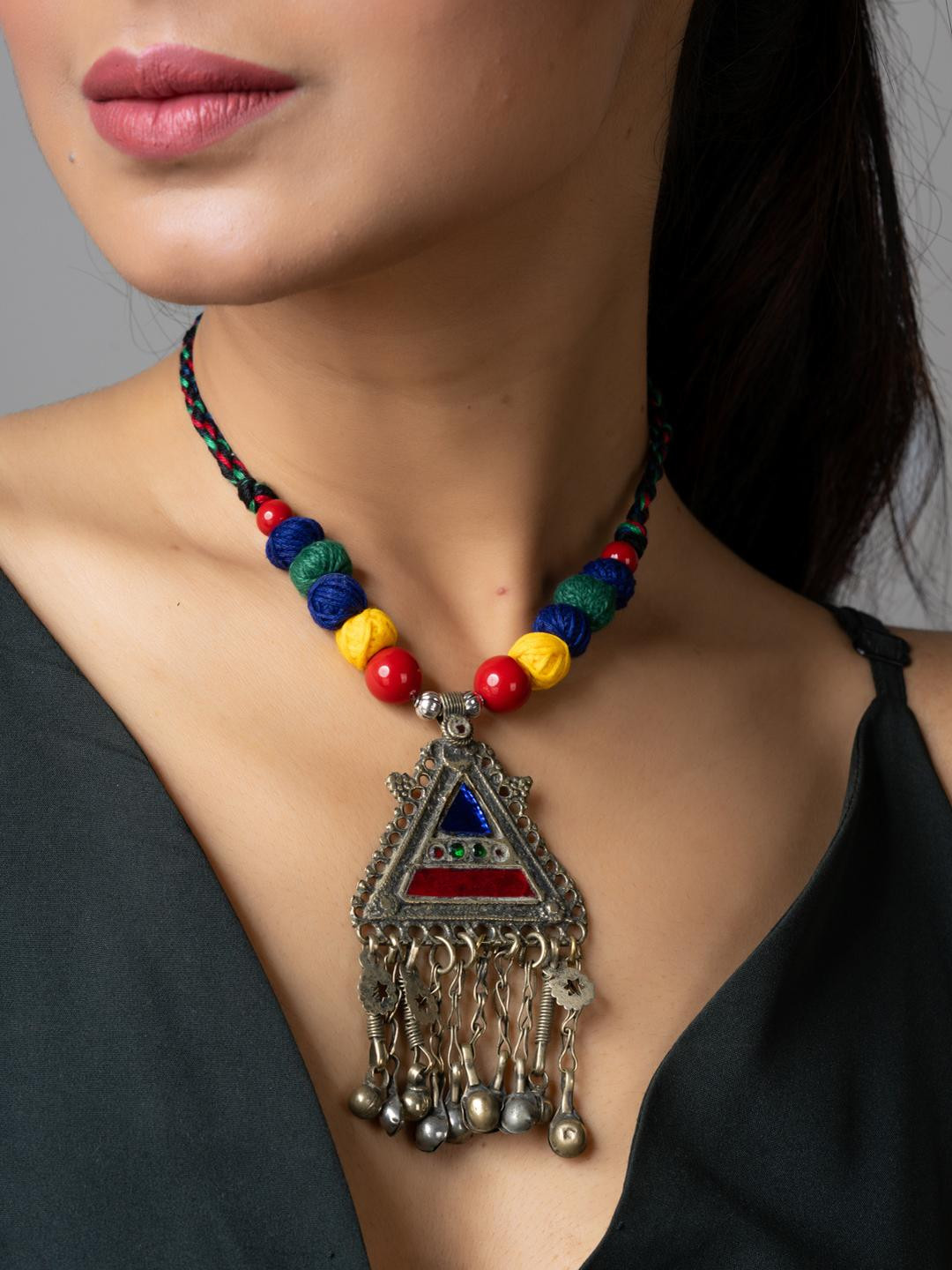 Look and Adorn Red Blue Green Yellow Afghani Triangular Pendant Necklace with Dori