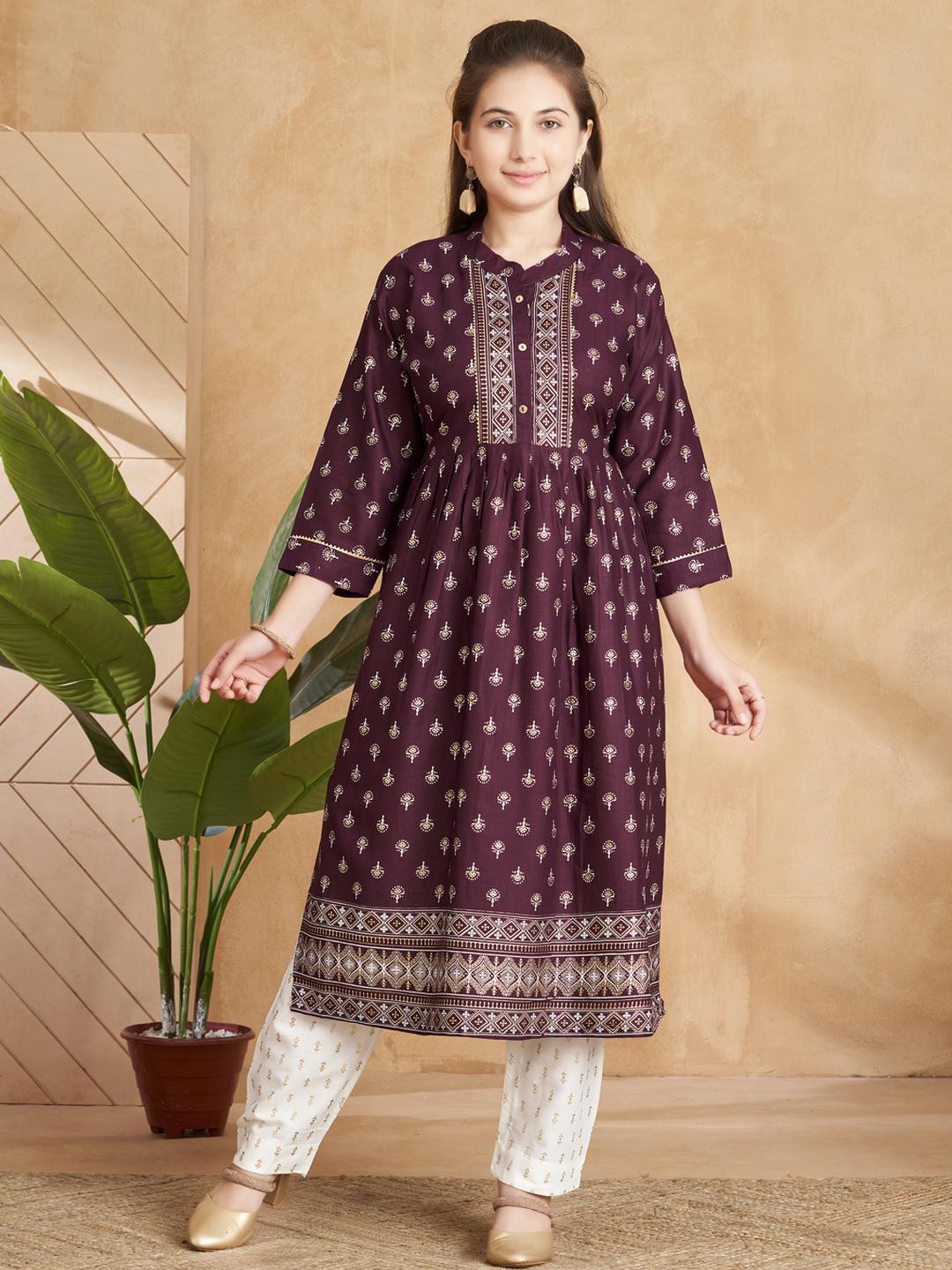 Sangria Girls Burgundy Viscose Rayon Kurta Sets