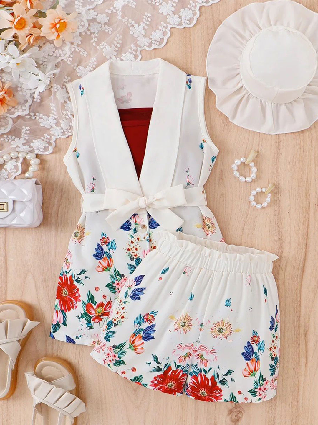 TrendyKid Girls Shoulder Straps Top With & Jacket & Shorts