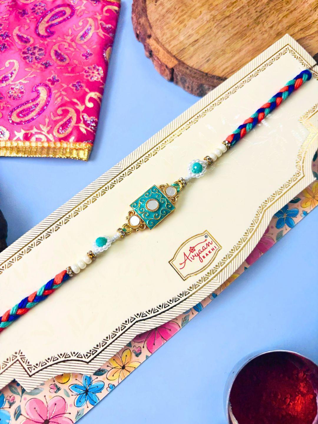 Green Kundan Meenakari Rakhi Stone Studded Beaded Rakhi Traditional Handmade Rakhi for Brother