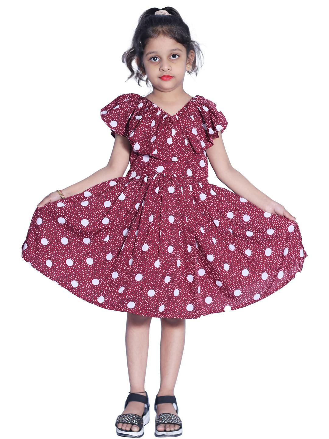 Shahina Fashion Girls' A-Line Maroon Knee-Length Polka Dot Mini Frock