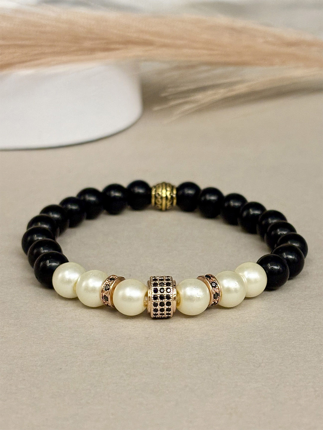 SANAA CREATIONS Night Halo Unisex Onyx & Howlite Beaded Elasticated Bracelet