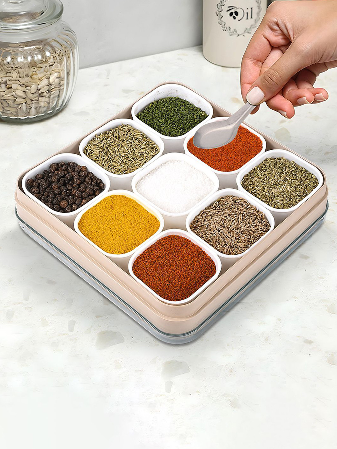 Kuber Industries Beige & White 9-Compartment Spice Box with Spoon