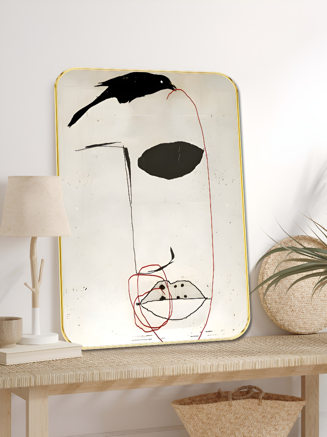 SAF White & Black Abstract Face & Crow MDF Wooden Wall Art