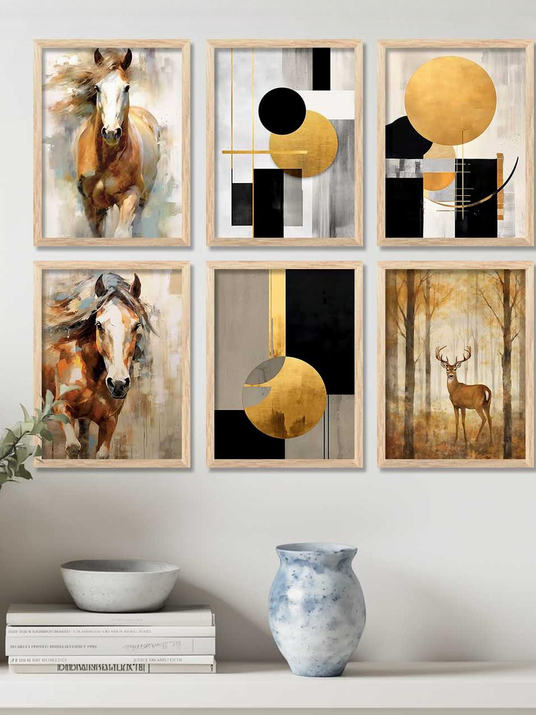 WALLLANE Brown & Yellow 6 and more Piece Wood Abstract Wall Paintings