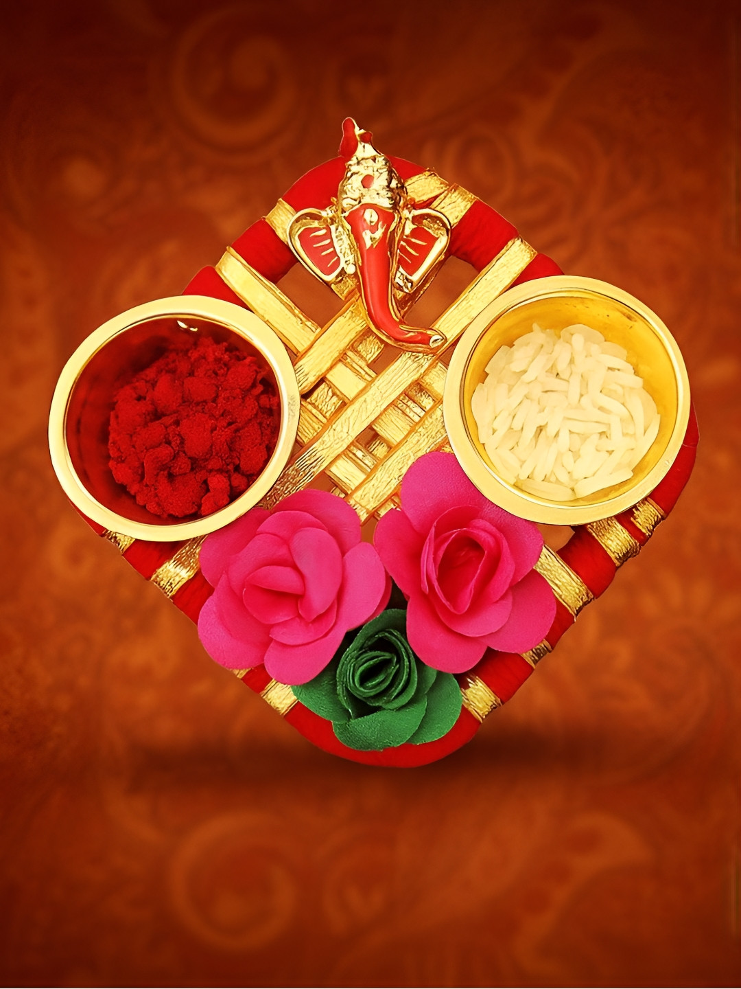 PUFFSMART Yellow & Pink Textured Flower Design Roli Chawal Stand