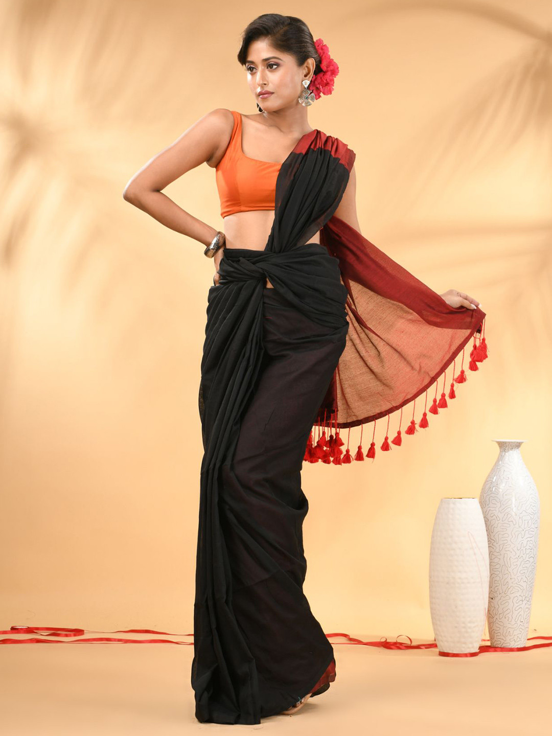 Charukriti Pure Cotton Saree with Tassel Detailing with Blouse Piece