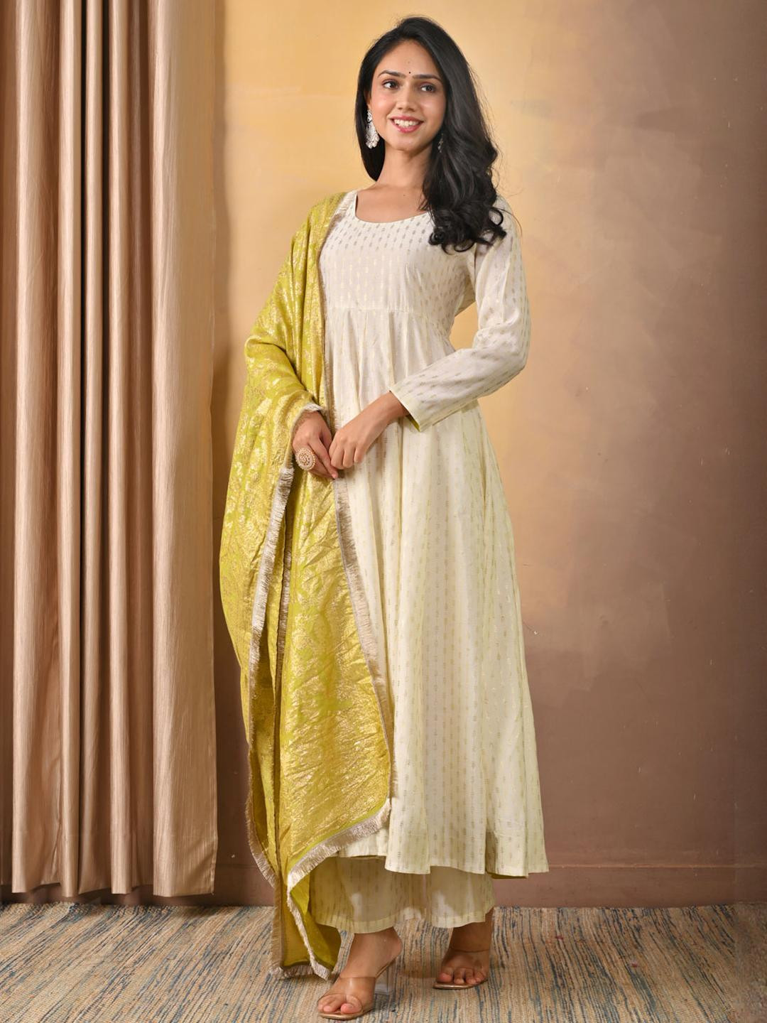 ISHWAR Women Anarkali Kurta Set Brocade Dupatta