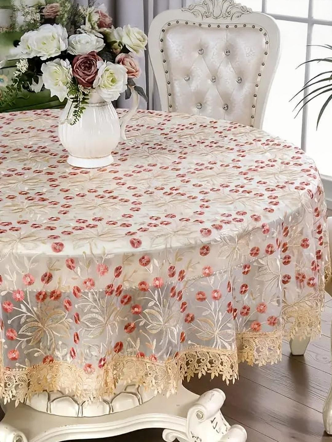 MONKDECOR 6 Seater Tissue Embroidered Round Dining Table Cover