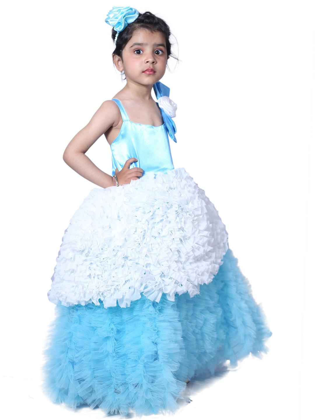 Shahina Fashion Girls Blue And White Net Ruffled Sleeveless Maxi Length Dress