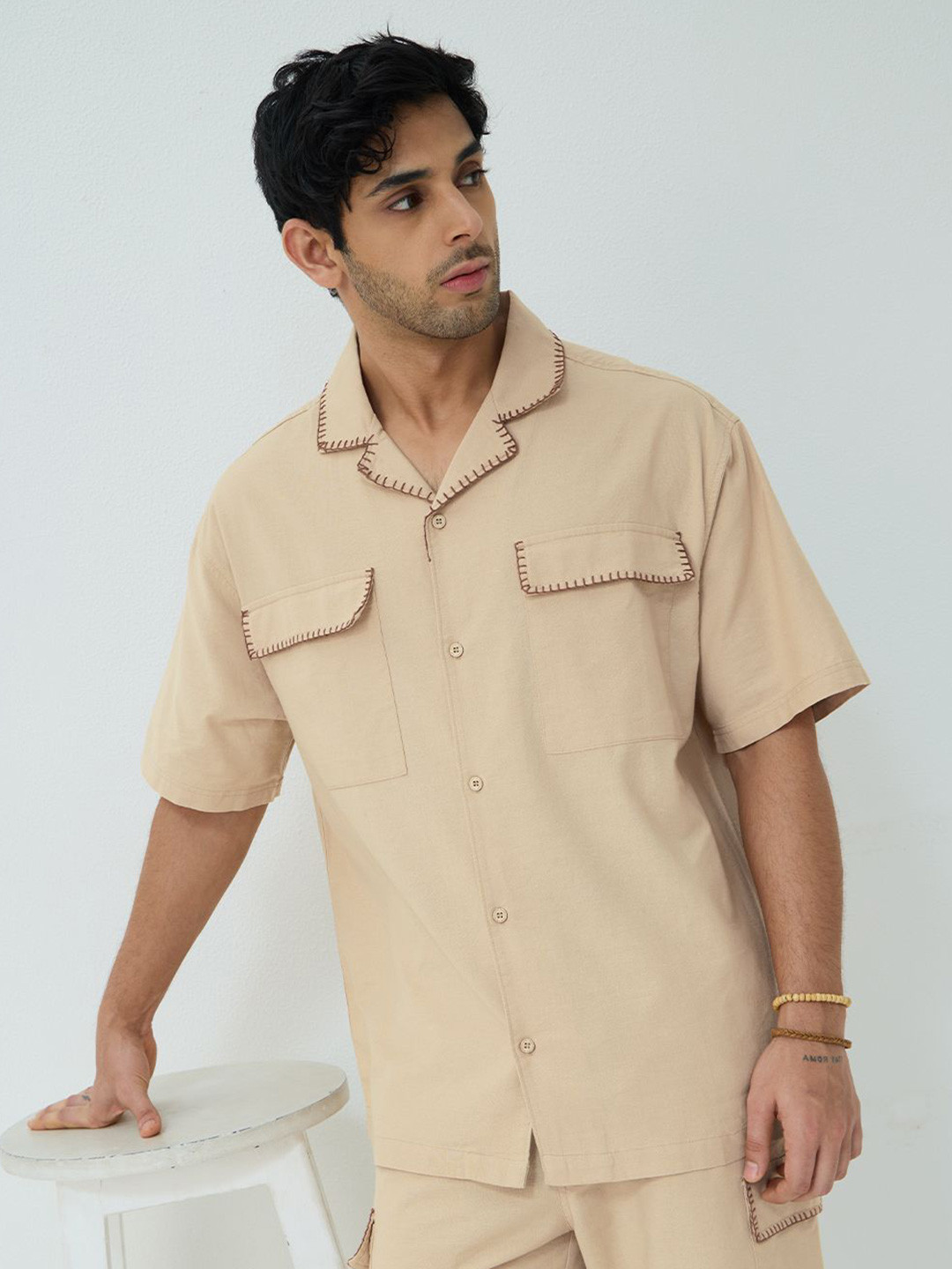 The Souled Store Oversized Sand Dune Cotton Linen Casual Shirt