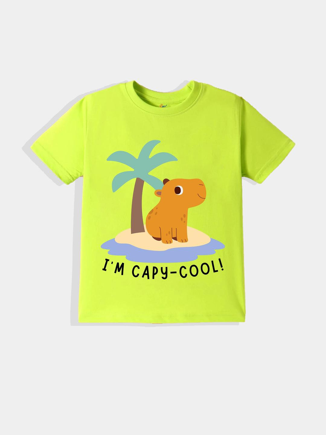 KAVEE Pure Cotton Half Sleeves Baby Animal Printed Bio Washed Tee - Neon Green