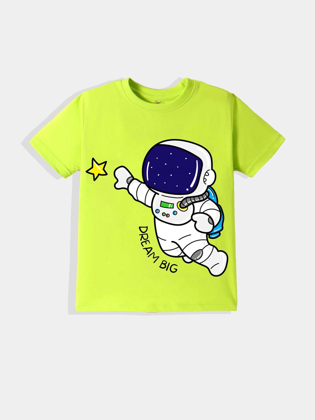 KAVEE Pure Cotton Half Sleeves Space Theme Printed Bio Washed Tee -Neon Green