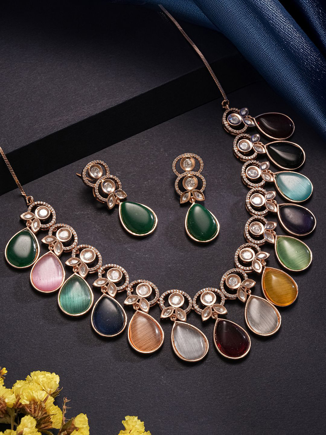 Saraf RS Jewellery Navratan Gold-Plated American Studded Jewellery Set