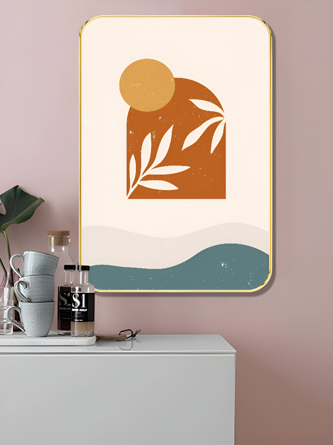 SAF White & Orange Abstract Sunset Botanical Printed MDF Wooden Wall Art