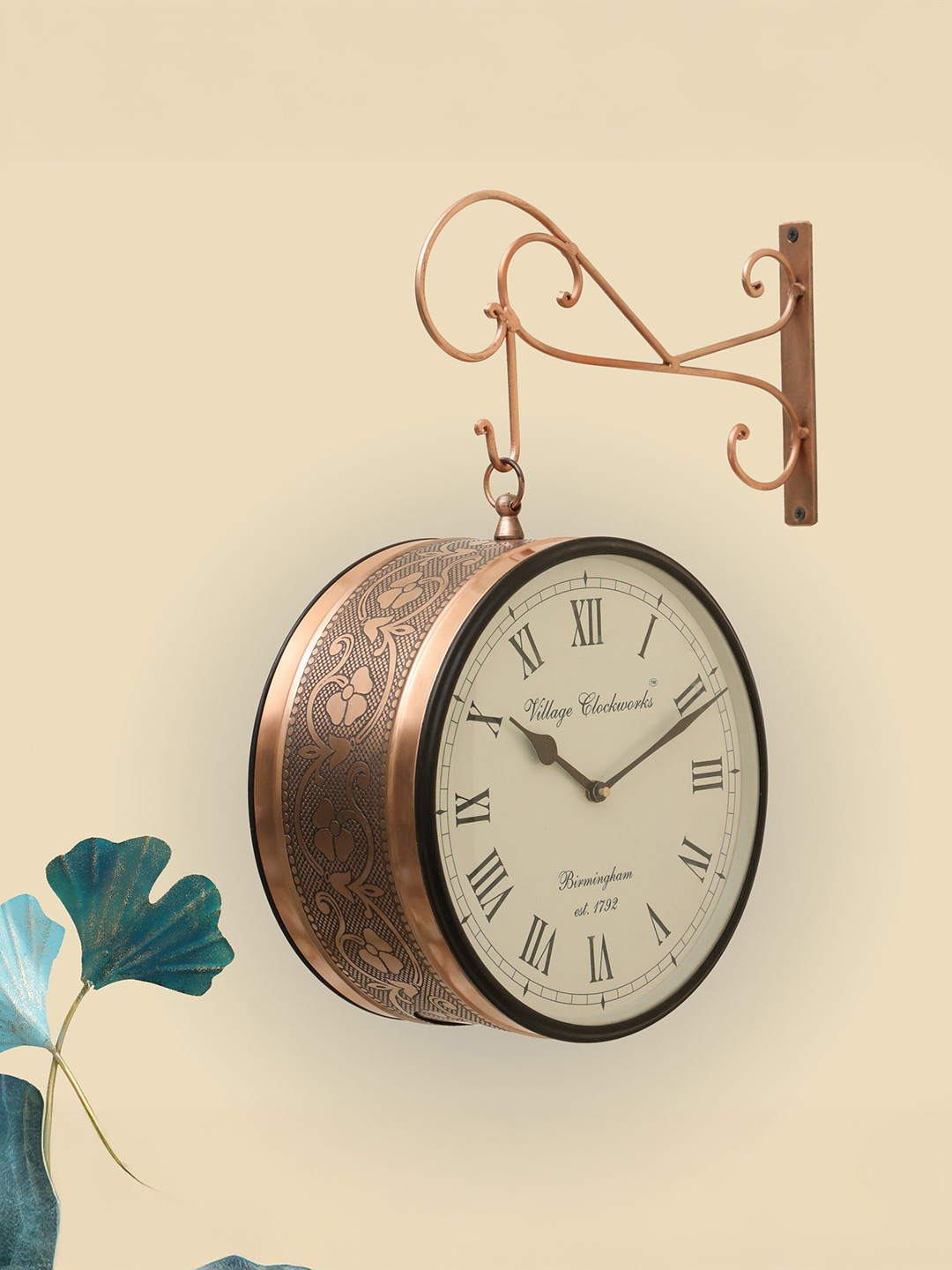 vedas Rutvi Brown & White Metal Railway Double Sided Wall Clock