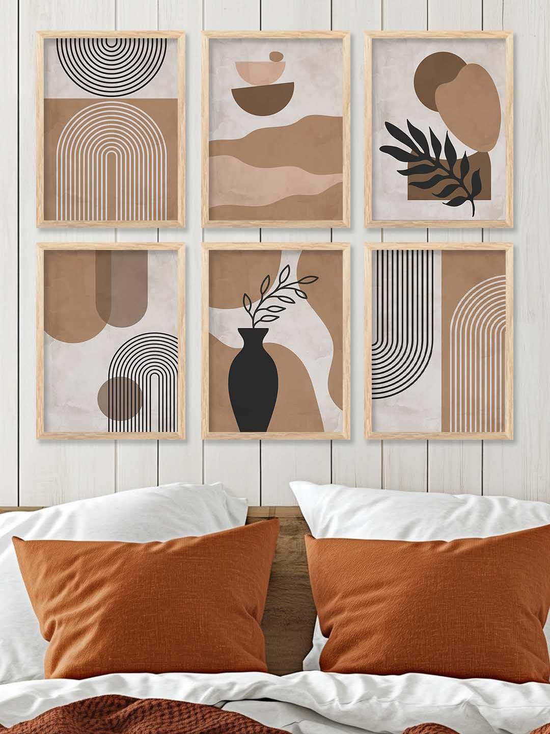 WALLLANE Pak of 6  Brown  Piece Wood Abstract Wall Paintings