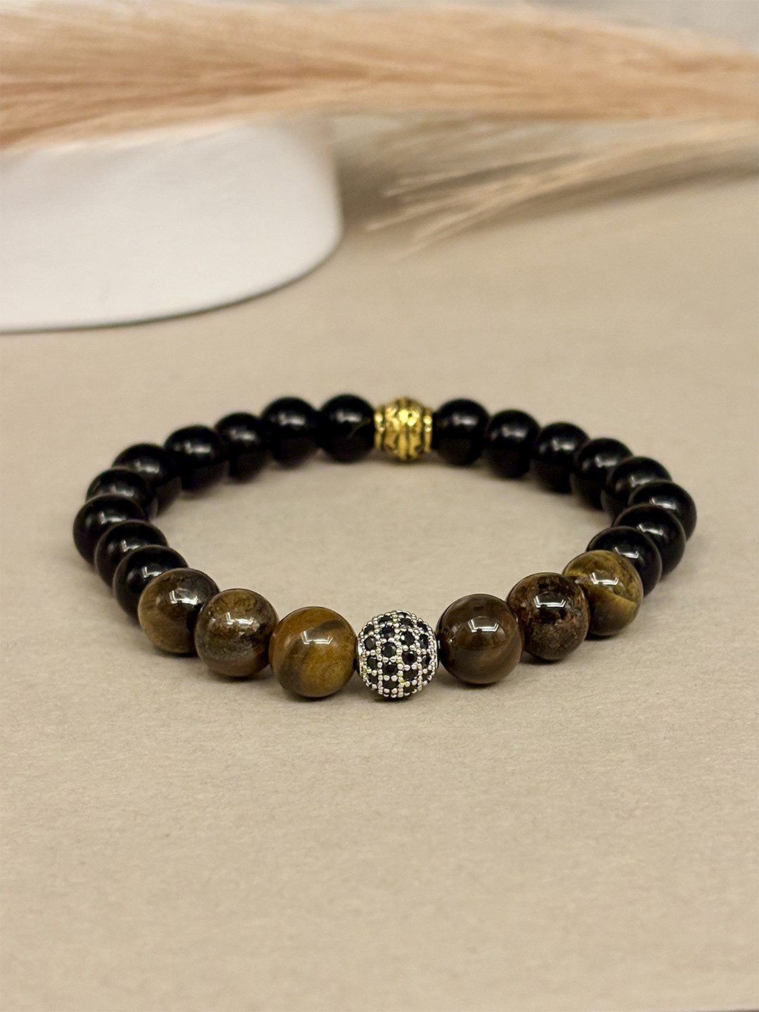 SANAA CREATIONS Unisex Onyx & Tiger Antique Elasticated Bracelet