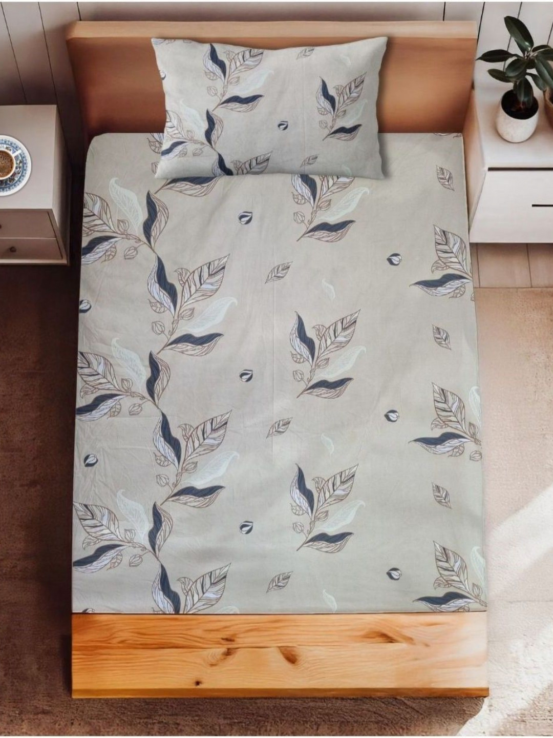 HARYANA HOOPS Beige & White Floral Printed 220 TC Single Bedsheet Set 2m x 1.23m