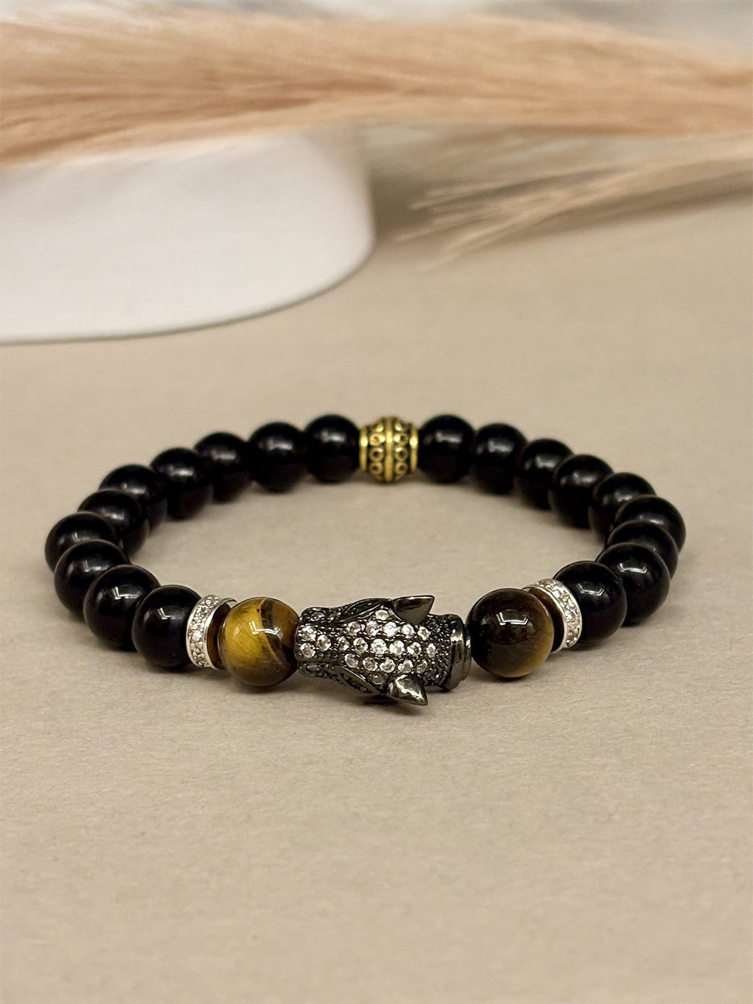 SANAA CREATIONS Unisex Crimson Stone Onyx & Howlite Stones Studded Elasticated Bracelet