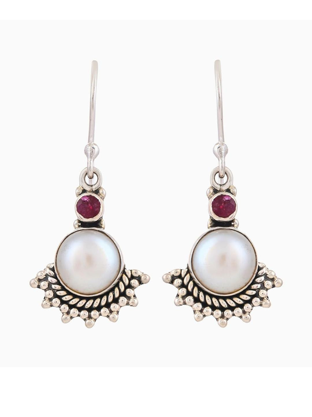 Silver Planets Women White and Pink Silver-Plated Circular Drop Earrings