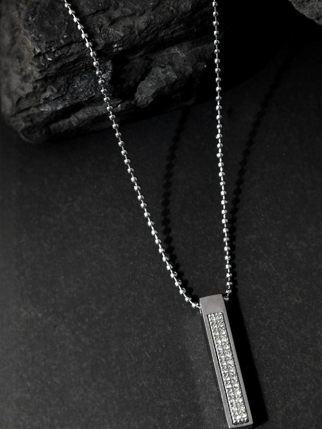 Roadster Men Silver-Plated Chain With Rectangular Shaped AD Stone Studded Pendant