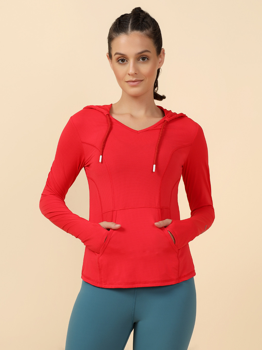 Fitkin Women Red Self Design Hood Training T-shirt