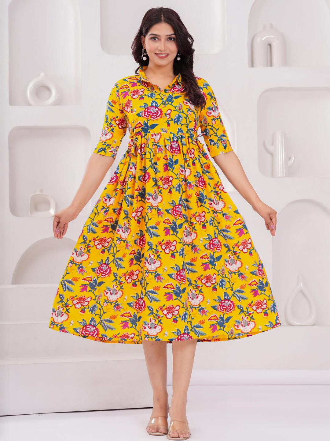 NAHIKO Women Mustard Floral Print Cotton Maternity Wear with Shirt Collar Dress