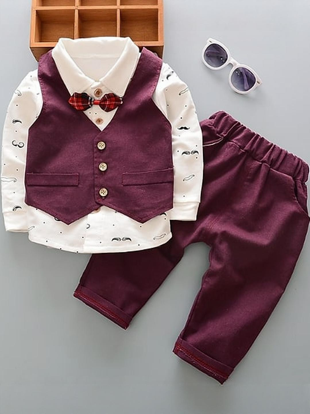 MEROPE Boys Printed Shirt Brown Coat & Trousers