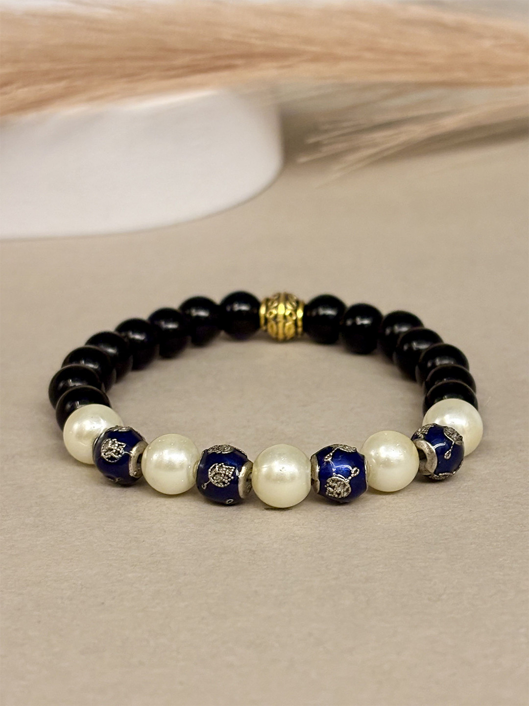 SANAA CREATIONS Unisex Tranquility Pearl & Sapphire Onyx Antique Elasticated Bracelet