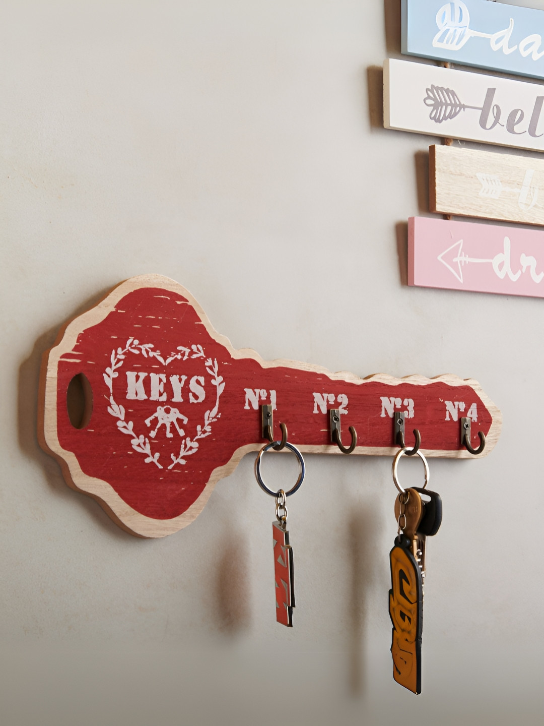 eazy wagon Red & White Wooden Key Shape Wall Key Holders