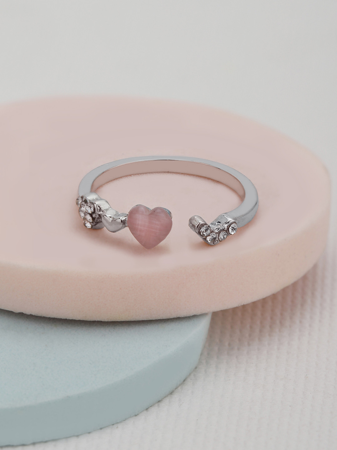 Carlton London GenZ Silver Plated Pink CZ Heart Adjustable Ring