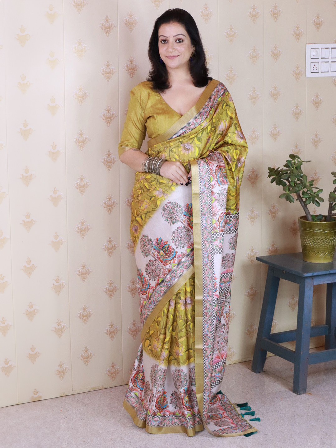 ELITE WEAVES Kalamkari Zari  Tussar Saree