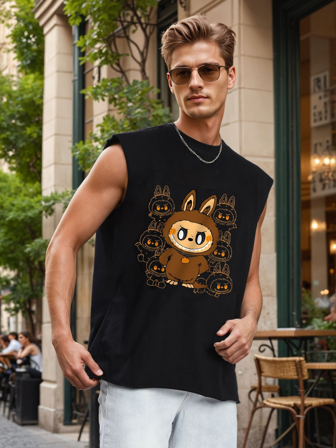 Bene Kleed Labubu Graphic Sleeveless Pure Cotton Oversized T-shirt