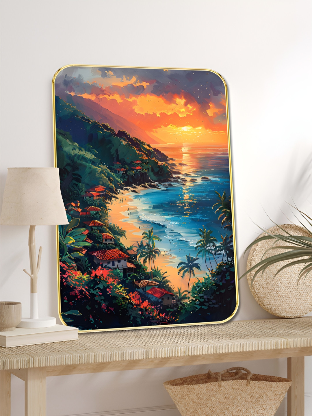 SAF Orange & Blue Tropical Sunset Beach Printed Wooden Wall Art