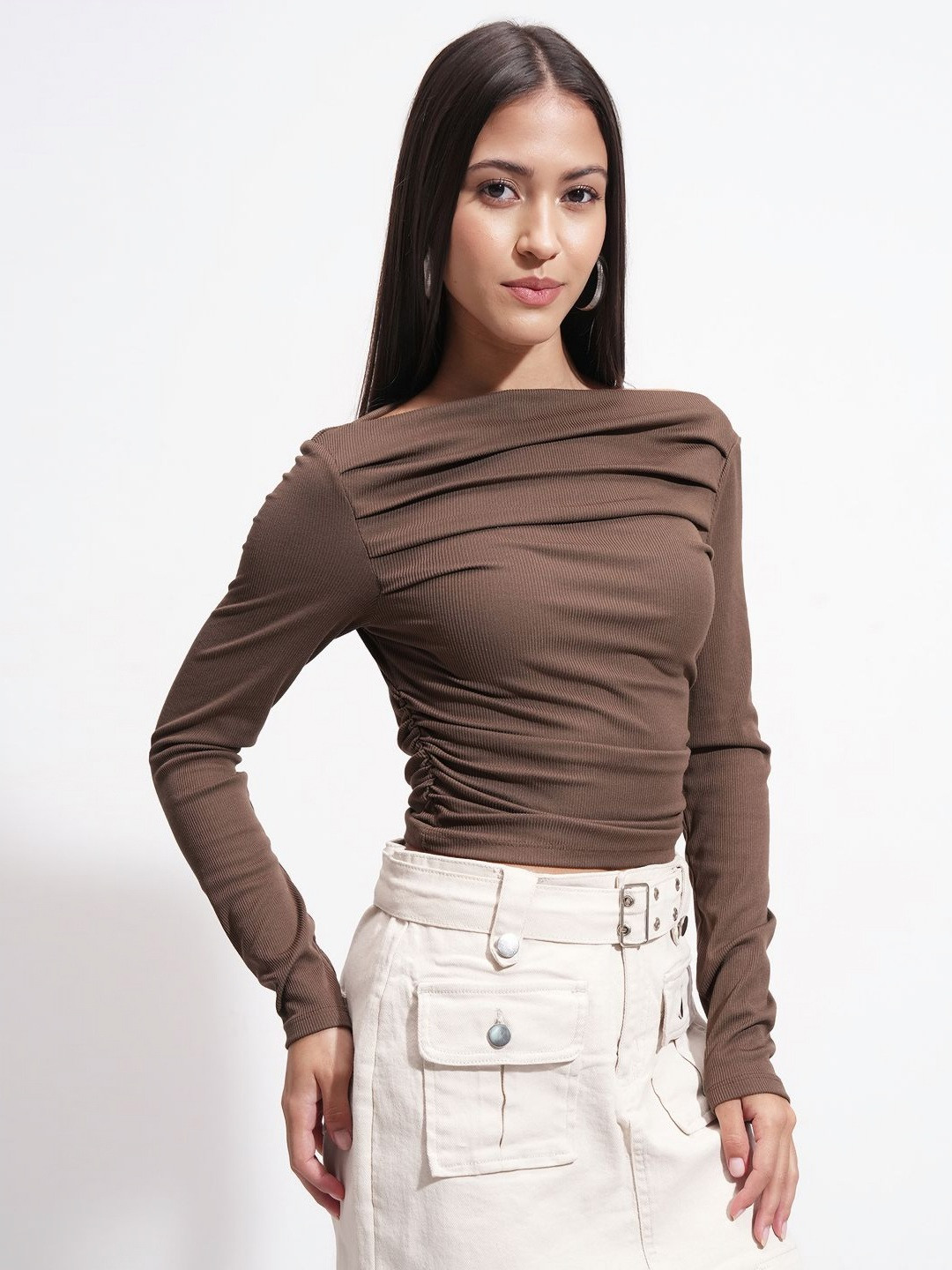 Street By Tokyo Talkies Striped Textured Boat Neck Long Sleeves T-shirt