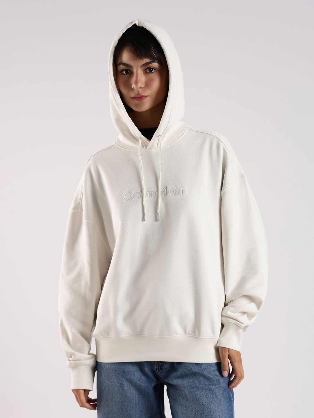 Calvin Klein Jeans Women Brand Logo Embroidered Applique Hooded Pullover Cotton Sweatshirt