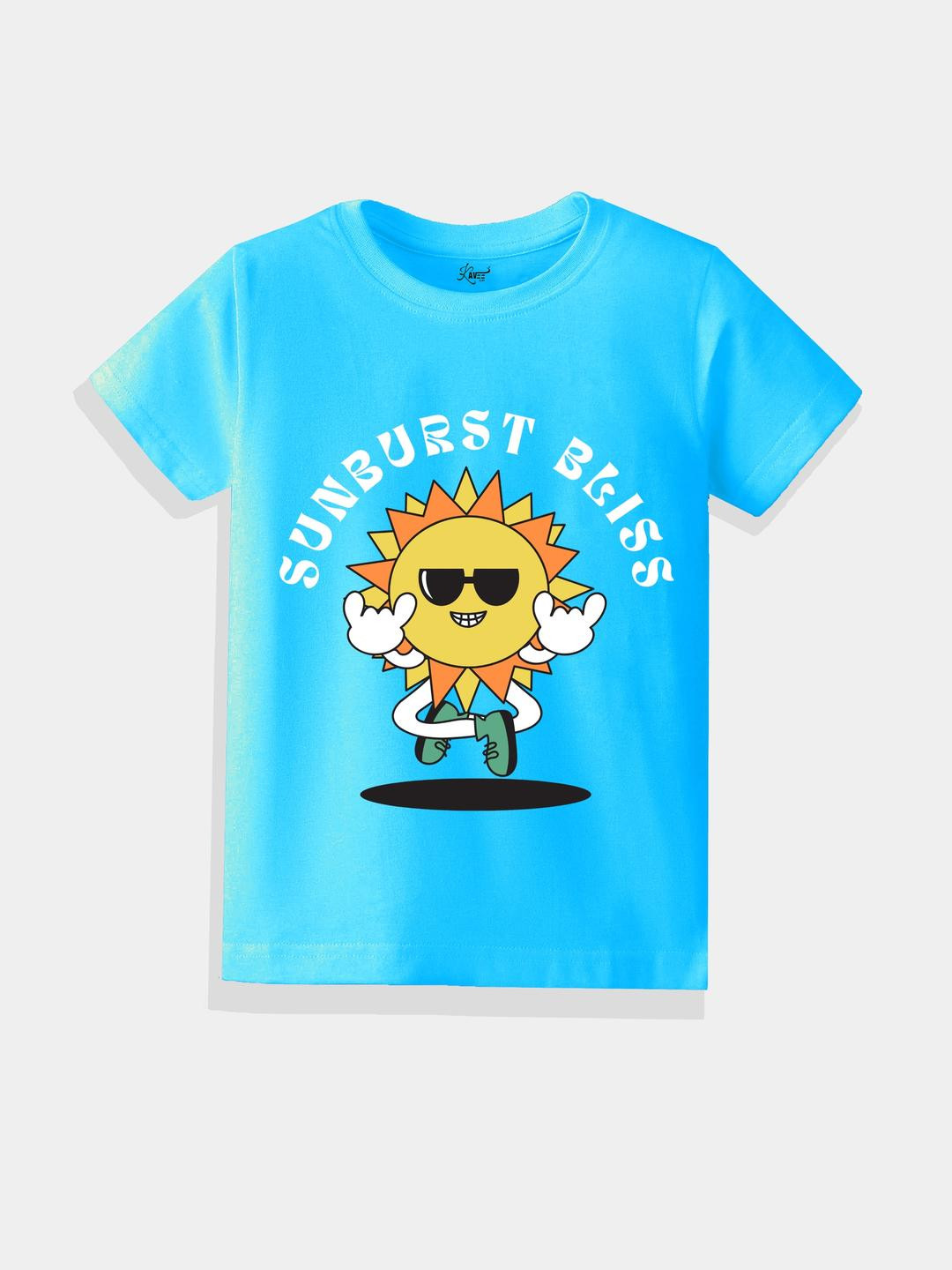 KAVEE Pure Cotton Half Sleeves Sunburst Bliss Text Printed Bio Washed Tee - Sky Blue