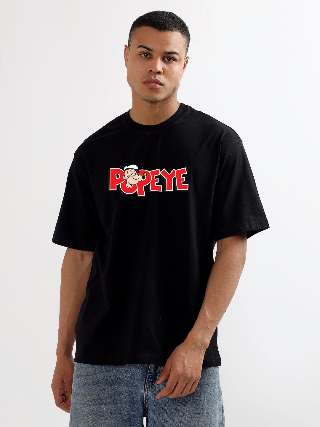 CODE OF HONOUR Popeye Printed Round Neck Drop-Shoulder Sleeves Cotton Oversized T-shirt