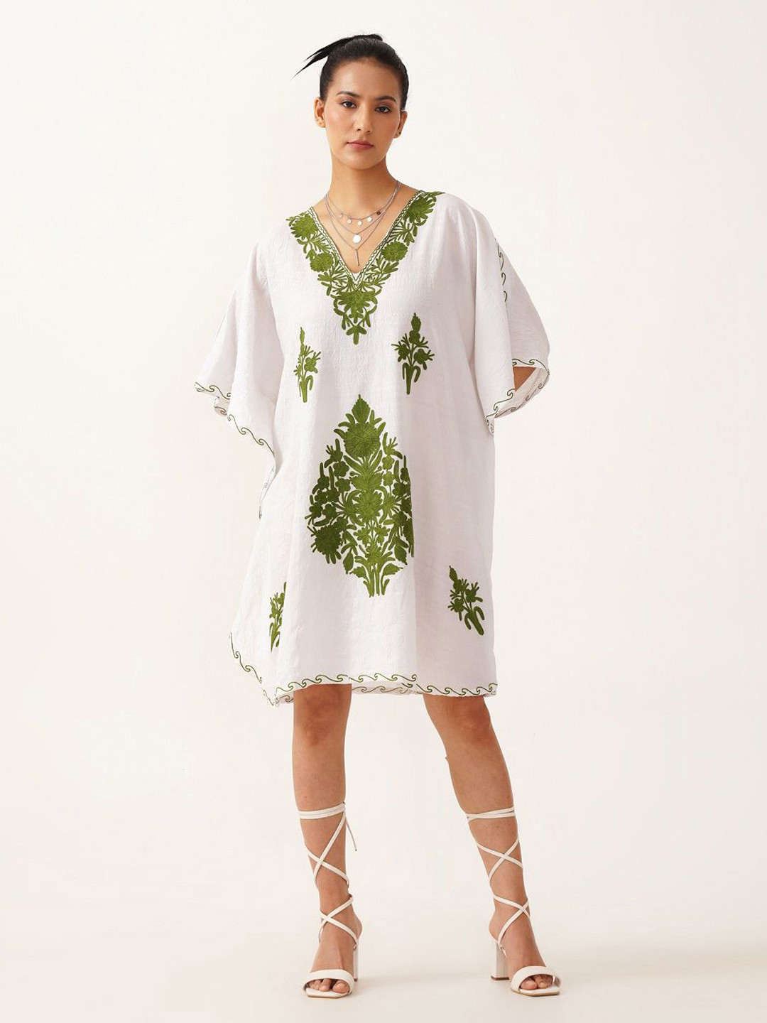Kashmir Box Aari Embroidered Off-White Cotton Kaftan Dress
