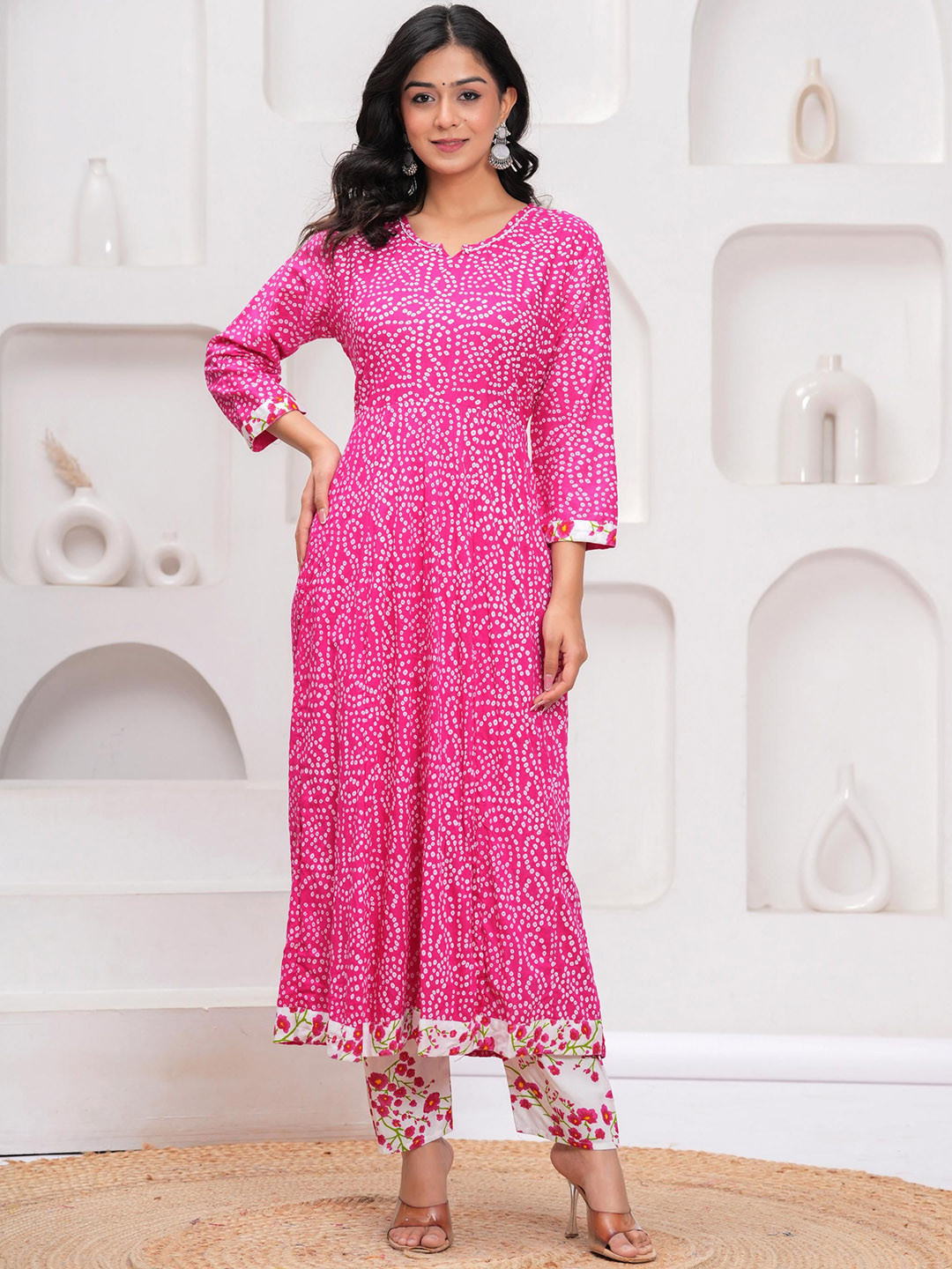The loom craft Women Bandhani Printed A-Line Kurta with Trousers