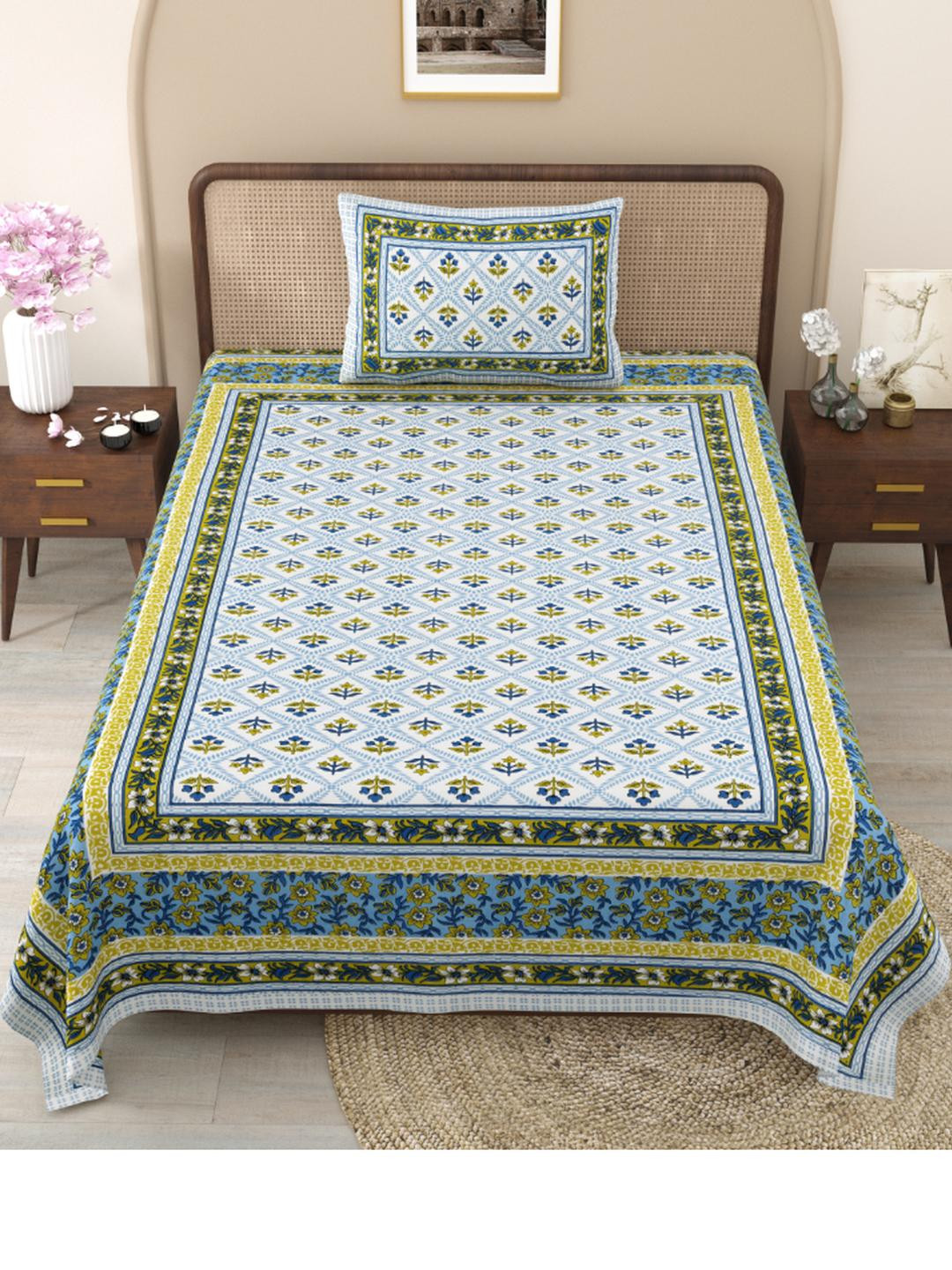 Shubastik Multi Color 210 TC Pure Cotton Single Bed Printed Bedsheet With 1 Pillow Cover